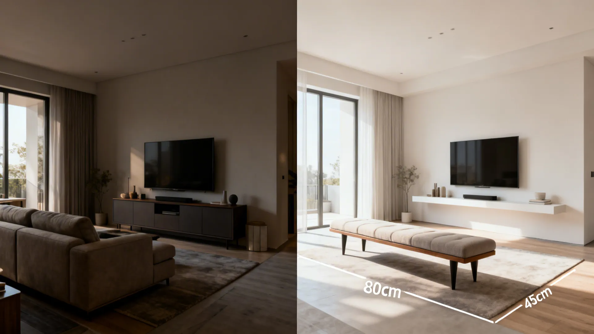 Before-and-after small living room showing bulky furniture replaced by a slim loveseat and floating shelf.