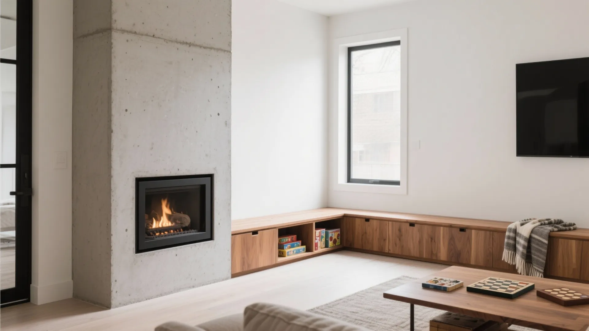 Slimline corner gas fireplace for a small room with low oak bench storage forming an L-shape to maximize seating and walkway.