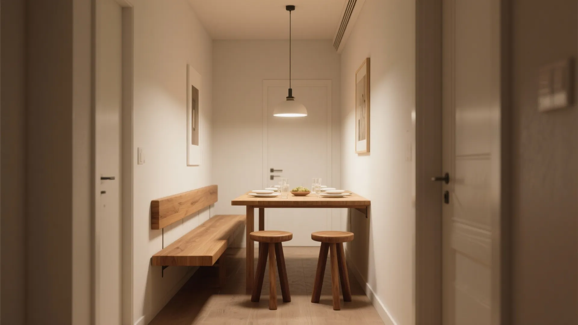 Minimalist dining area with wooden table, wall panel bench, two round stools, and ceiling light