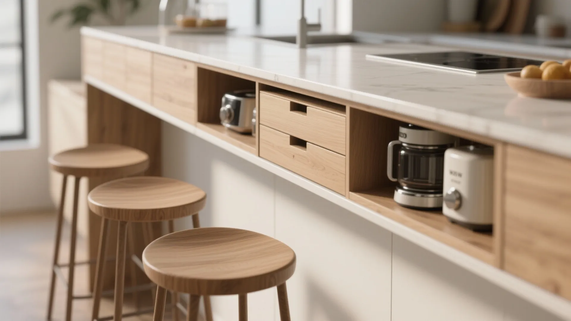 Modern white kitchen island with wooden storage drawers and stools for a functional small space