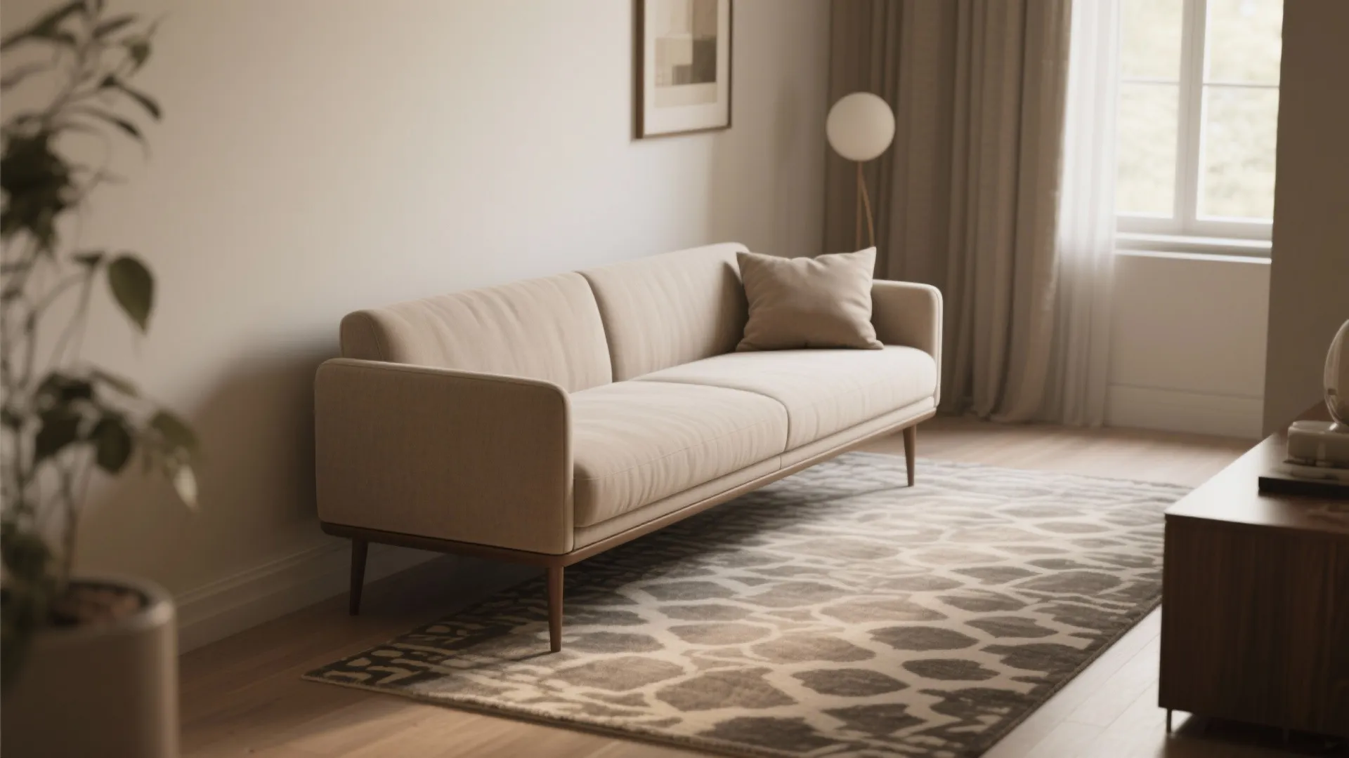 Modern beige sofa with throw pillow on a patterned rug in a bright living room