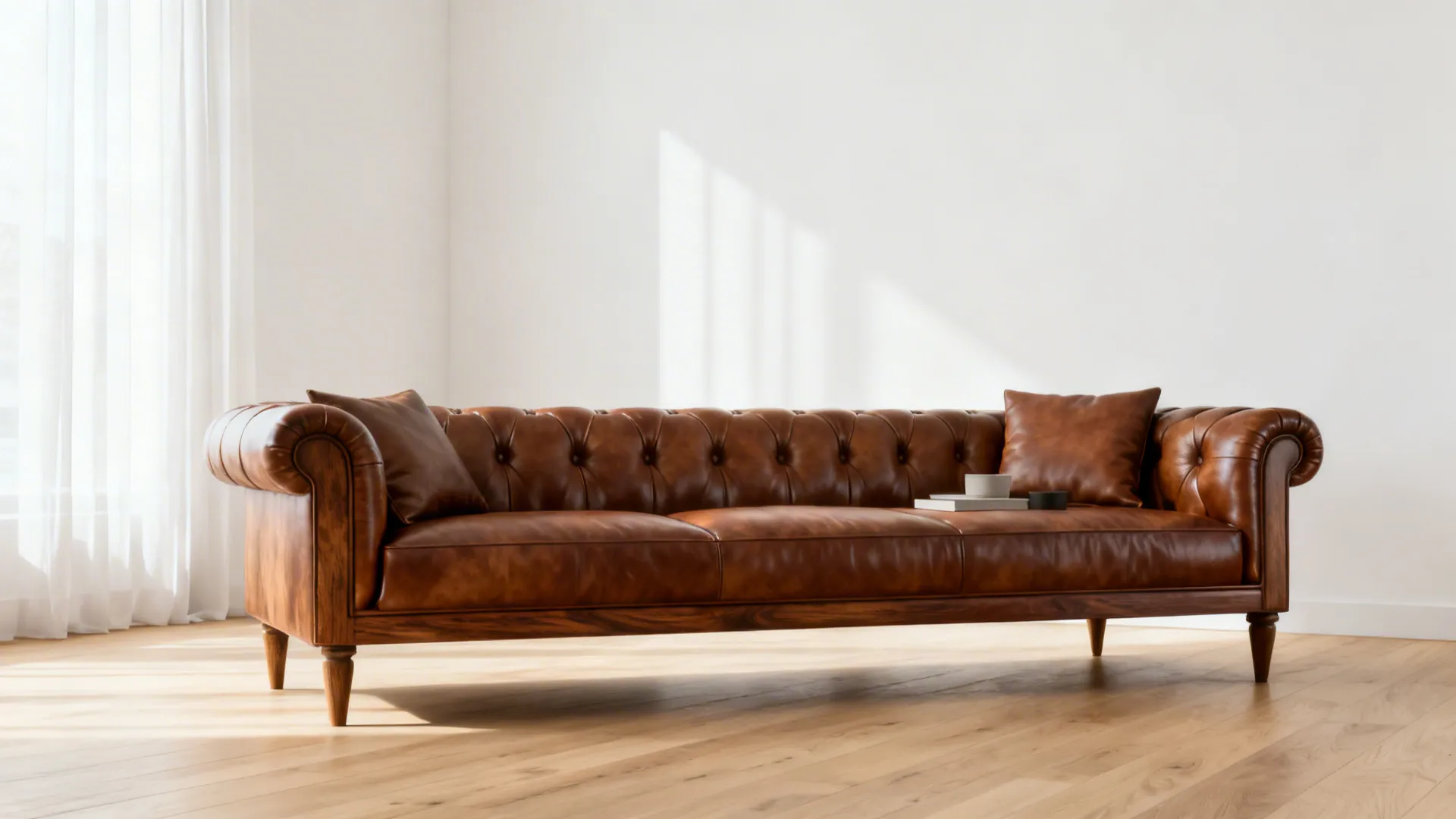 Slim-arm Chesterfield in a small apartment with warm white walls and pale oak floor
