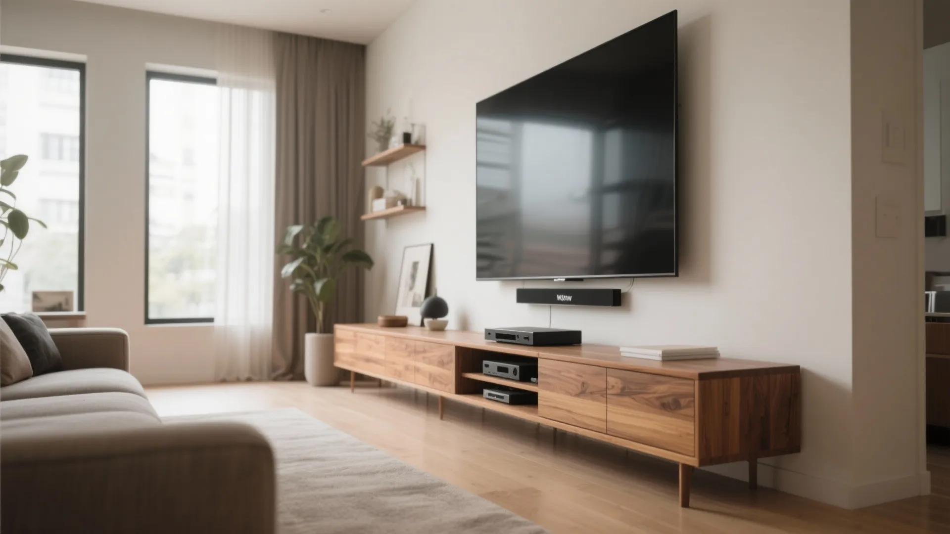 Modern wooden cabinet with wall mounted television screen and simple home interior design decorative elements