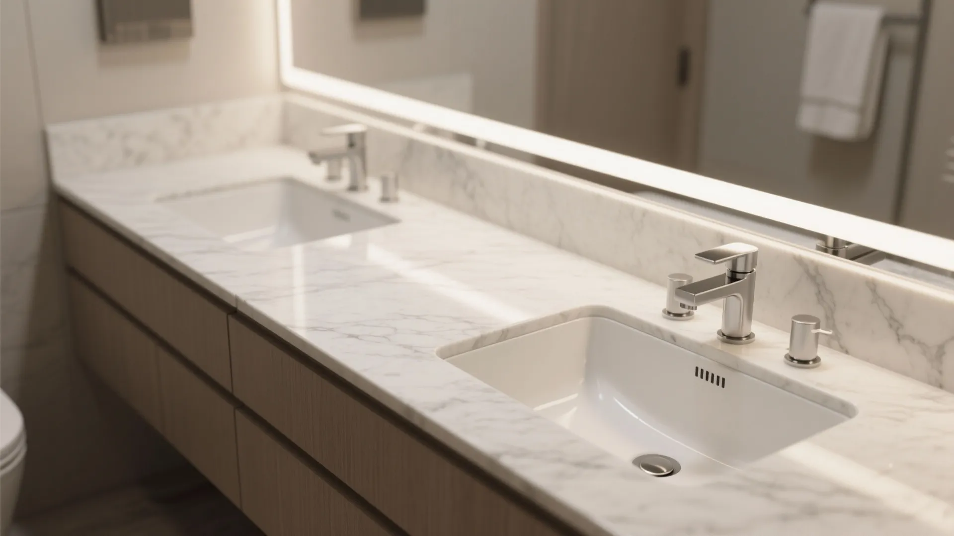 Modern bathroom with double white sinks on a marble countertop and warm wood storage cabinet
