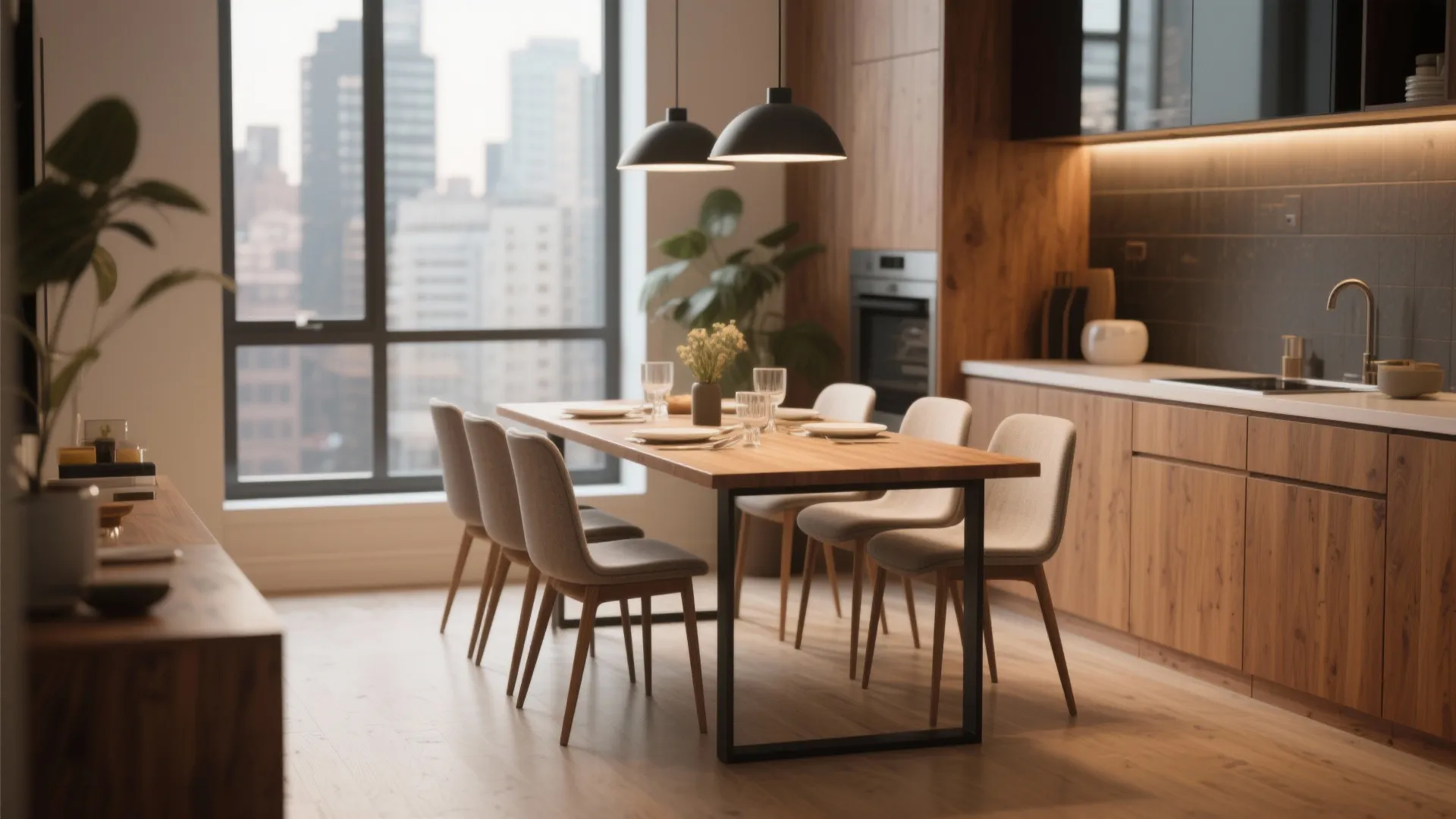 Minimalist kitchen with wooden cabinets dining table black ceiling lights and large city view windows