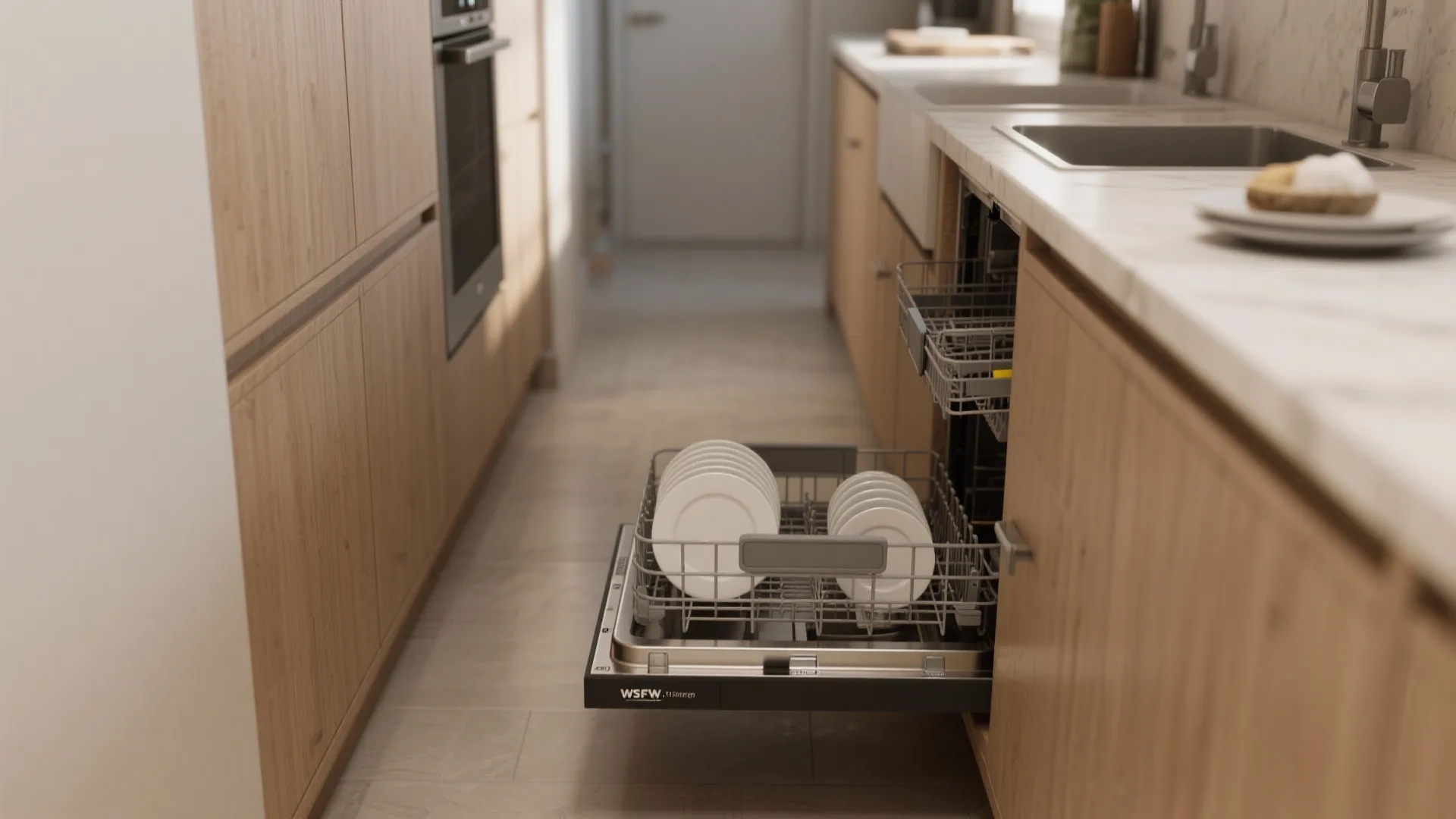 Open dishwasher with clean white plates inside a wooden kitchen cabinet under a marble countertop