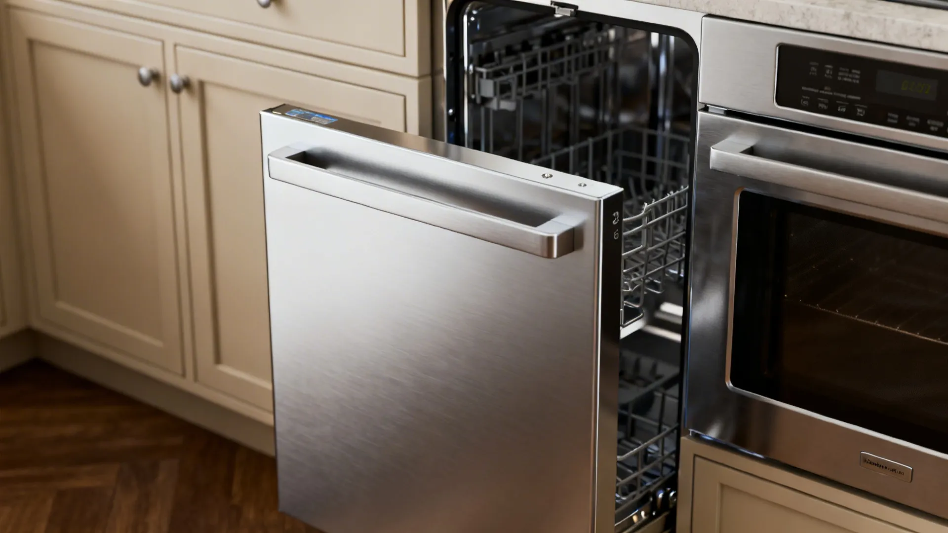 Slimline 24-inch dishwasher drawer integrated into warm neutral cabinetry.