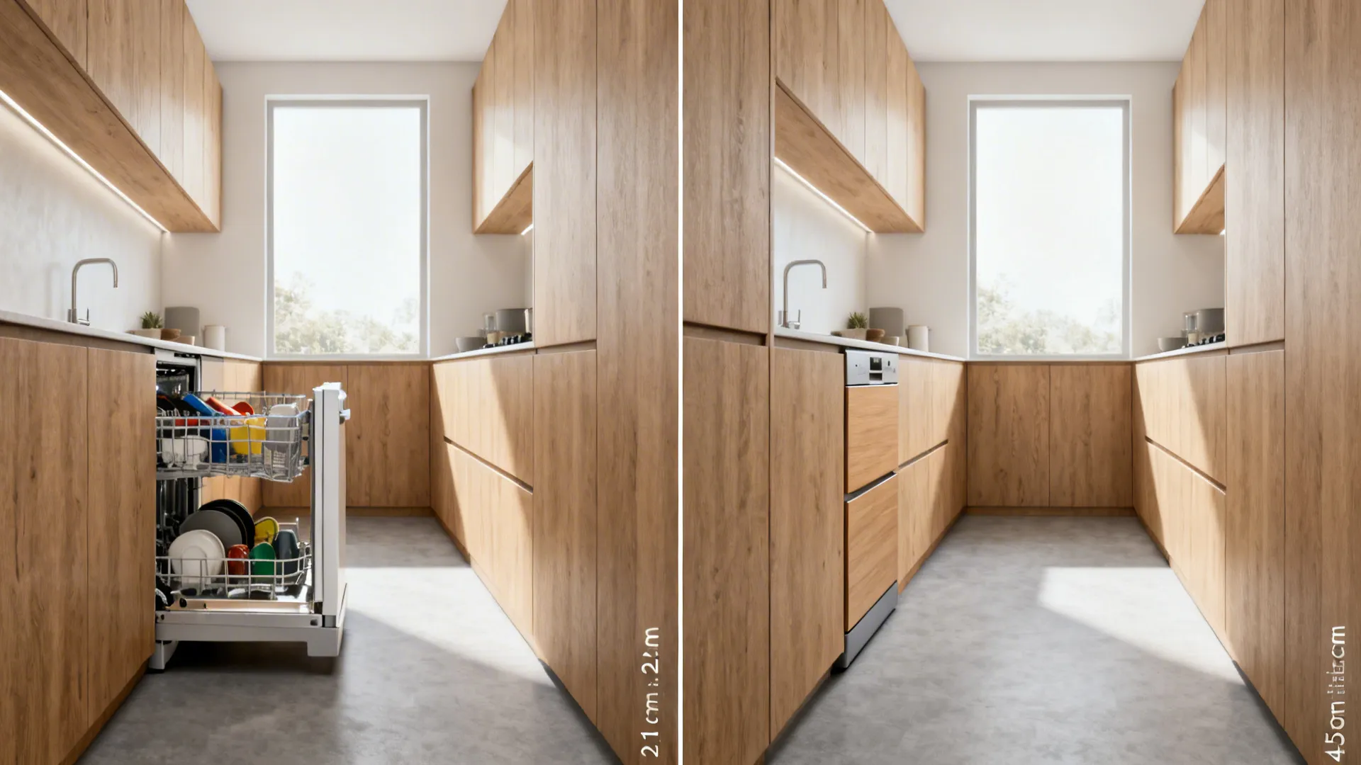 Before-and-after of a 2.1 m galley showing cluttered portable unit versus a seamless 45 cm integrated dishwasher.