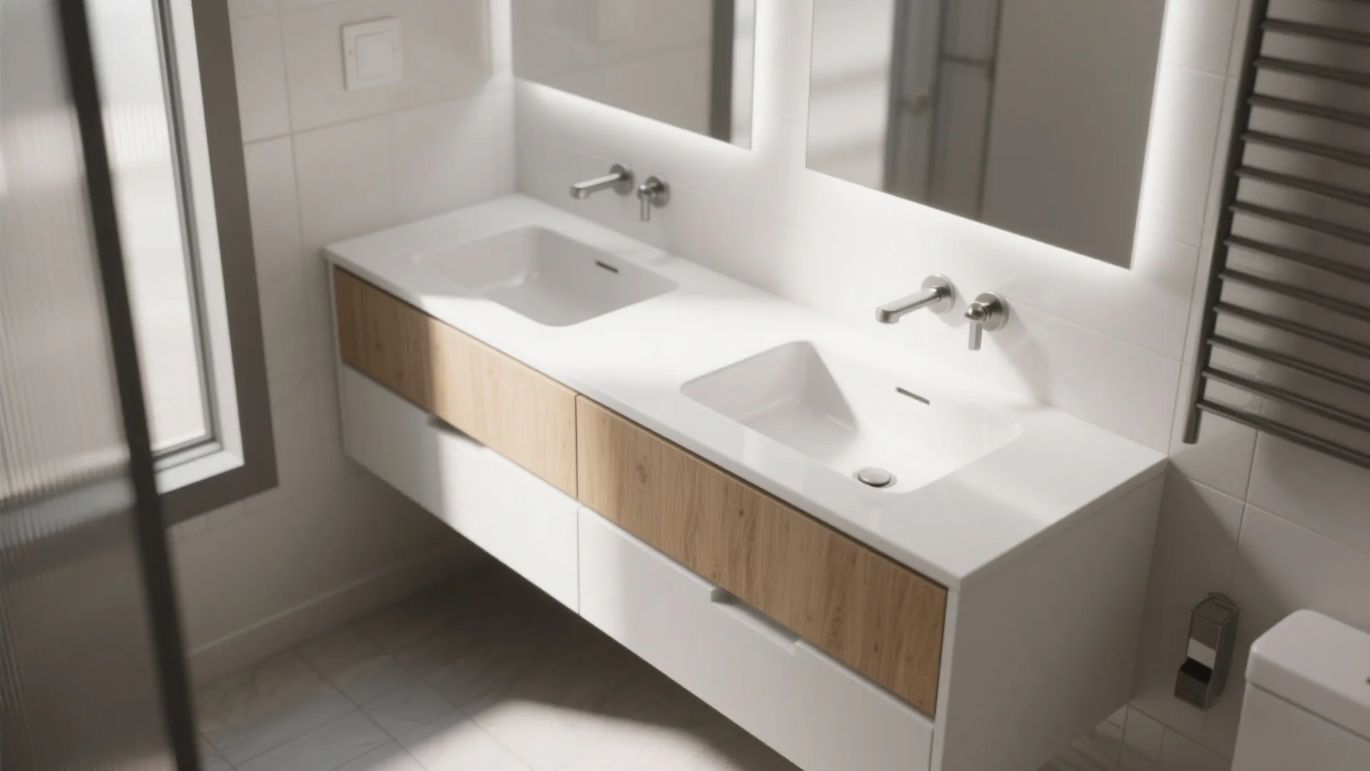 Modern bathroom with white double sinks and wooden cabinet storage under mirrors with warm lighting