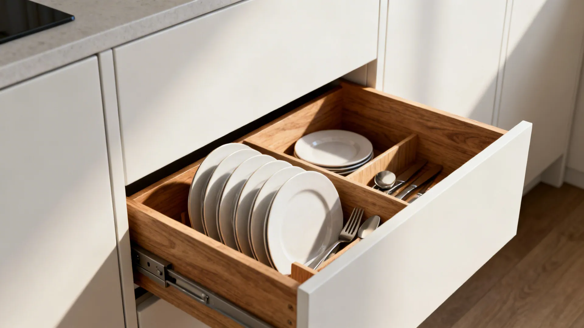 Close-up of slimline tall cabinets with deep organized drawers and oak fronts in a small kitchen.