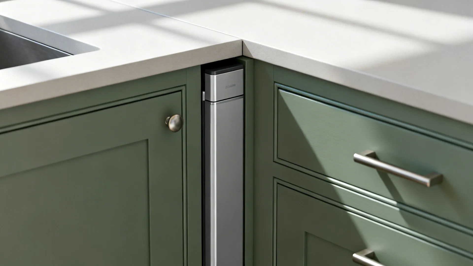 Close-up of a slimline dishwasher neatly aligned next to a sink base and worktop extension.