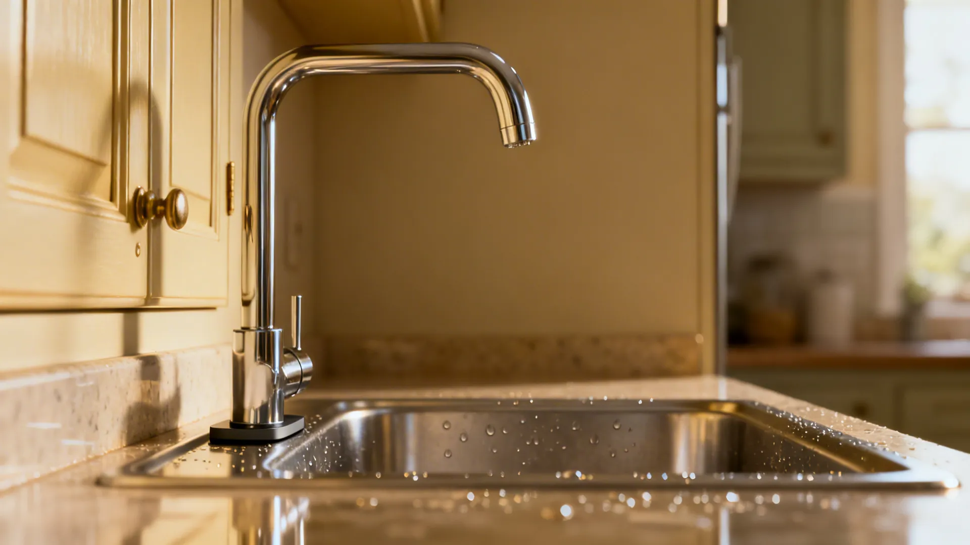 Close-up of slimline faucet and shallow rectangular sink clearing a cabinet door