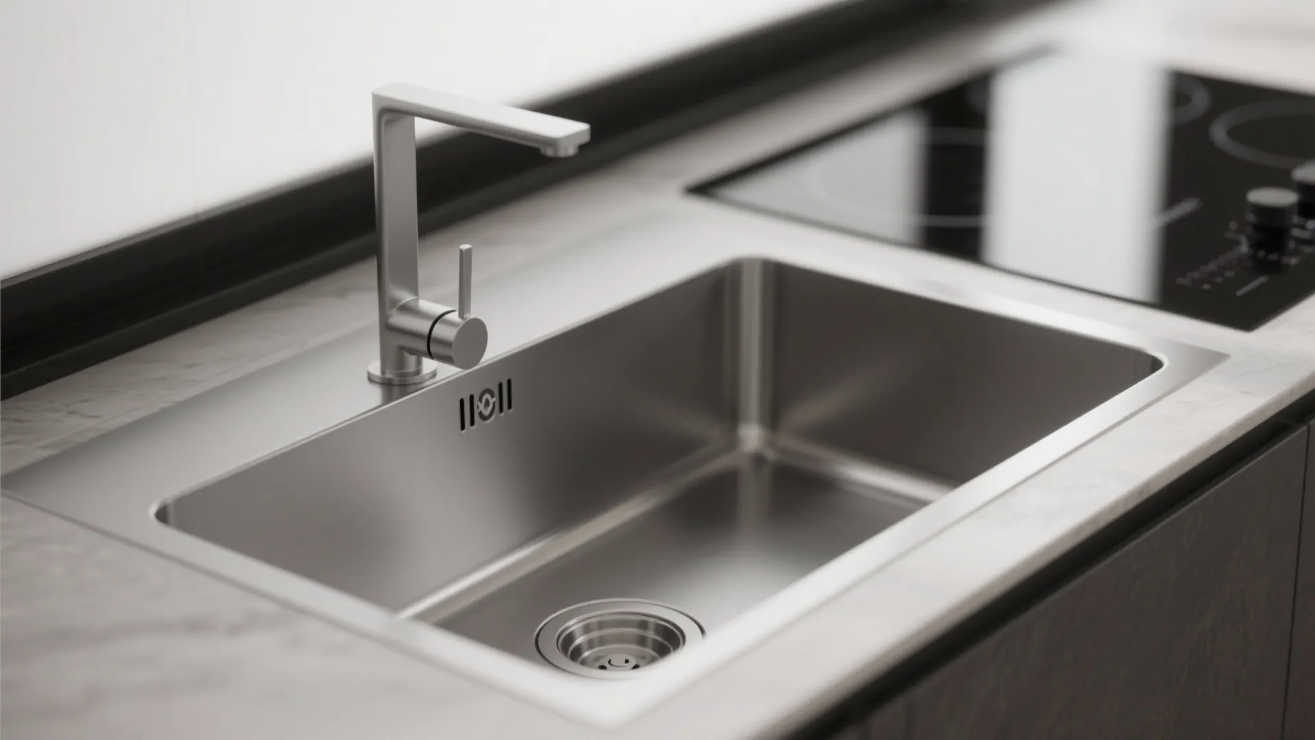 Close-up of slimline sink, faucet, and induction hob