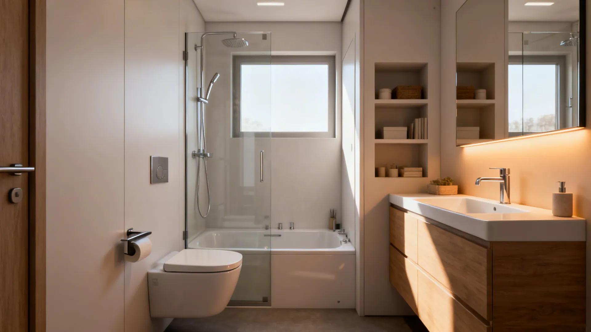 Compact bathroom with wall-hung toilet, slim sink, and shower-bathtub combo maximizing space.