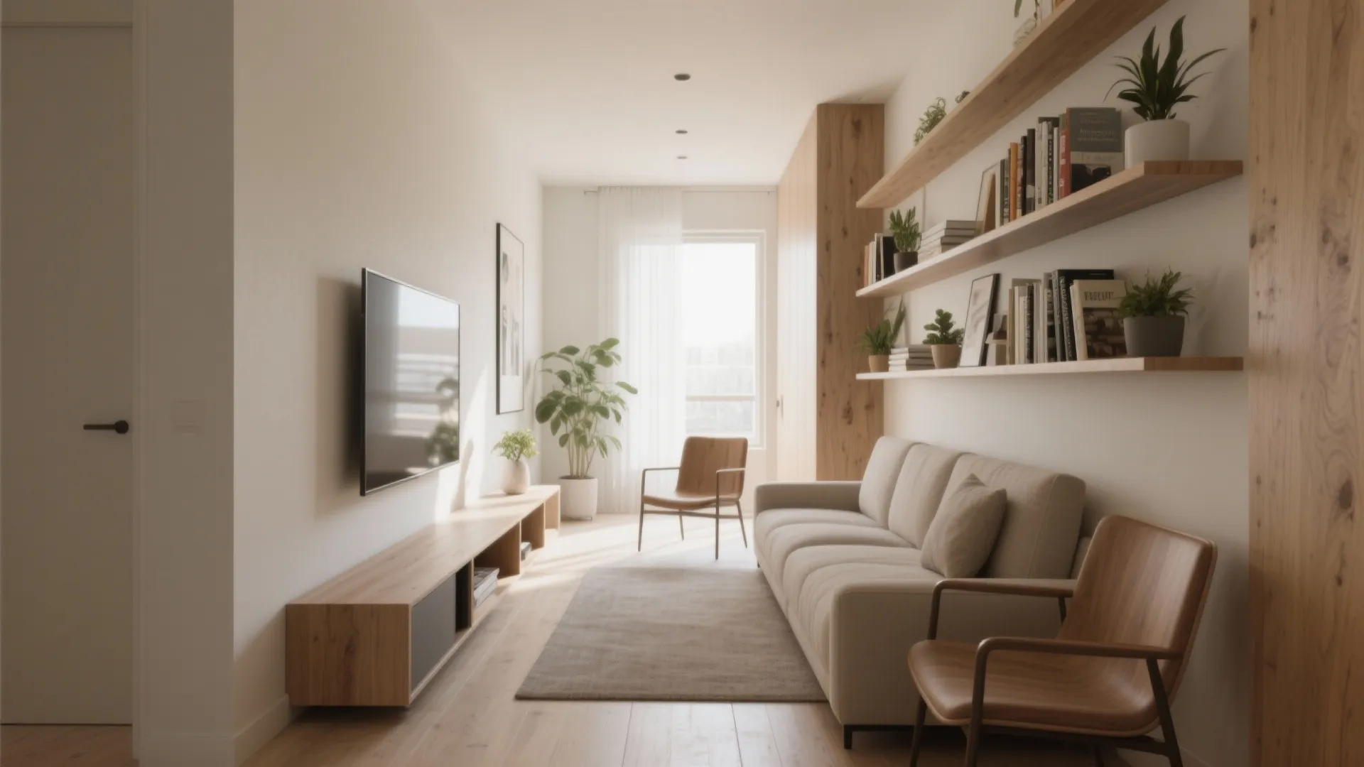 3. Slimline seating with floating shelves