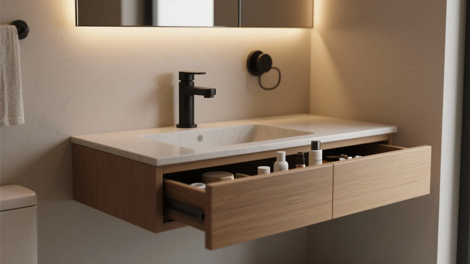 1. Slimline floating vanity with integrated storage