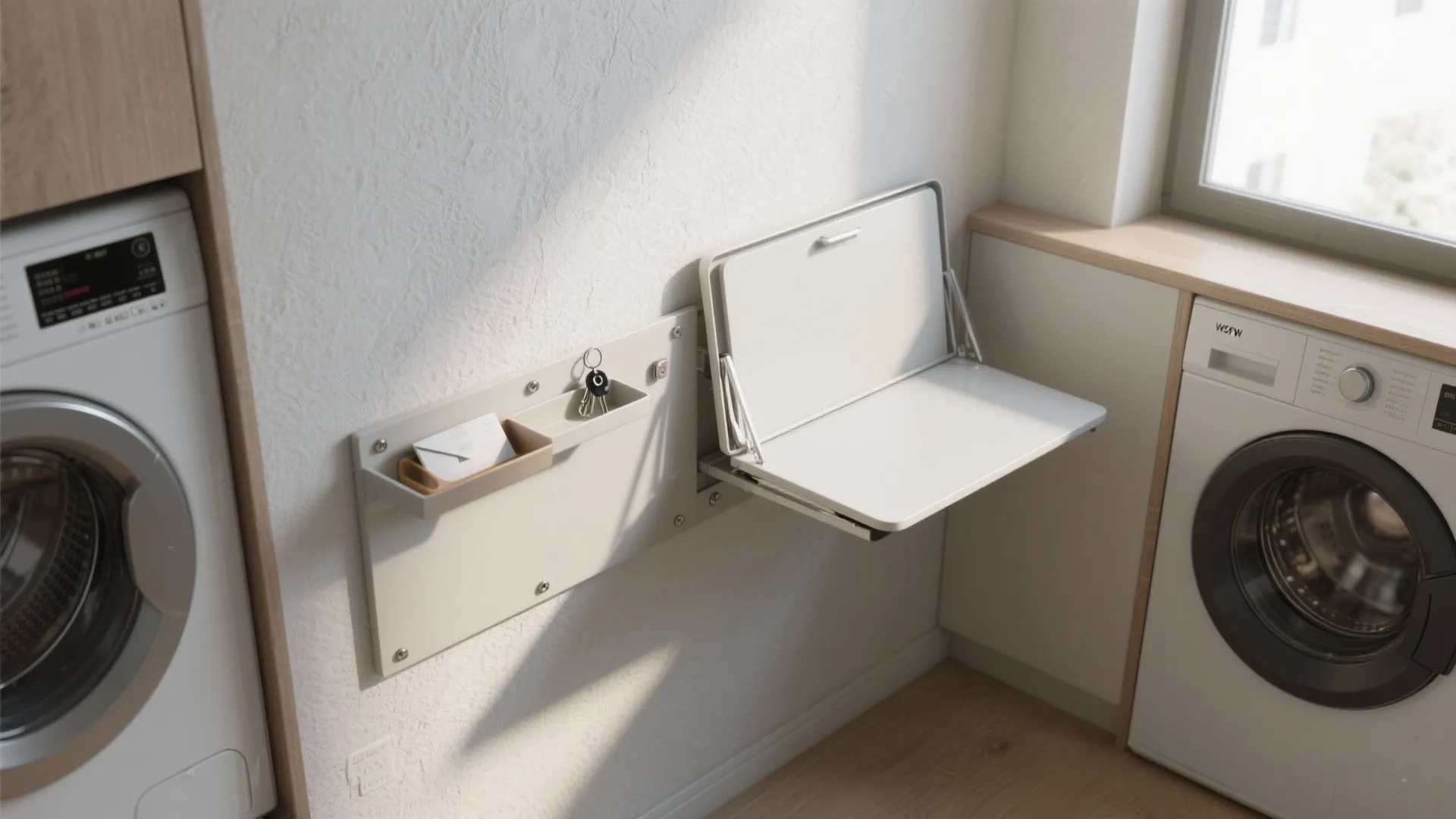 White wall mounted folding table and small organizer tray positioned between two white washing machines