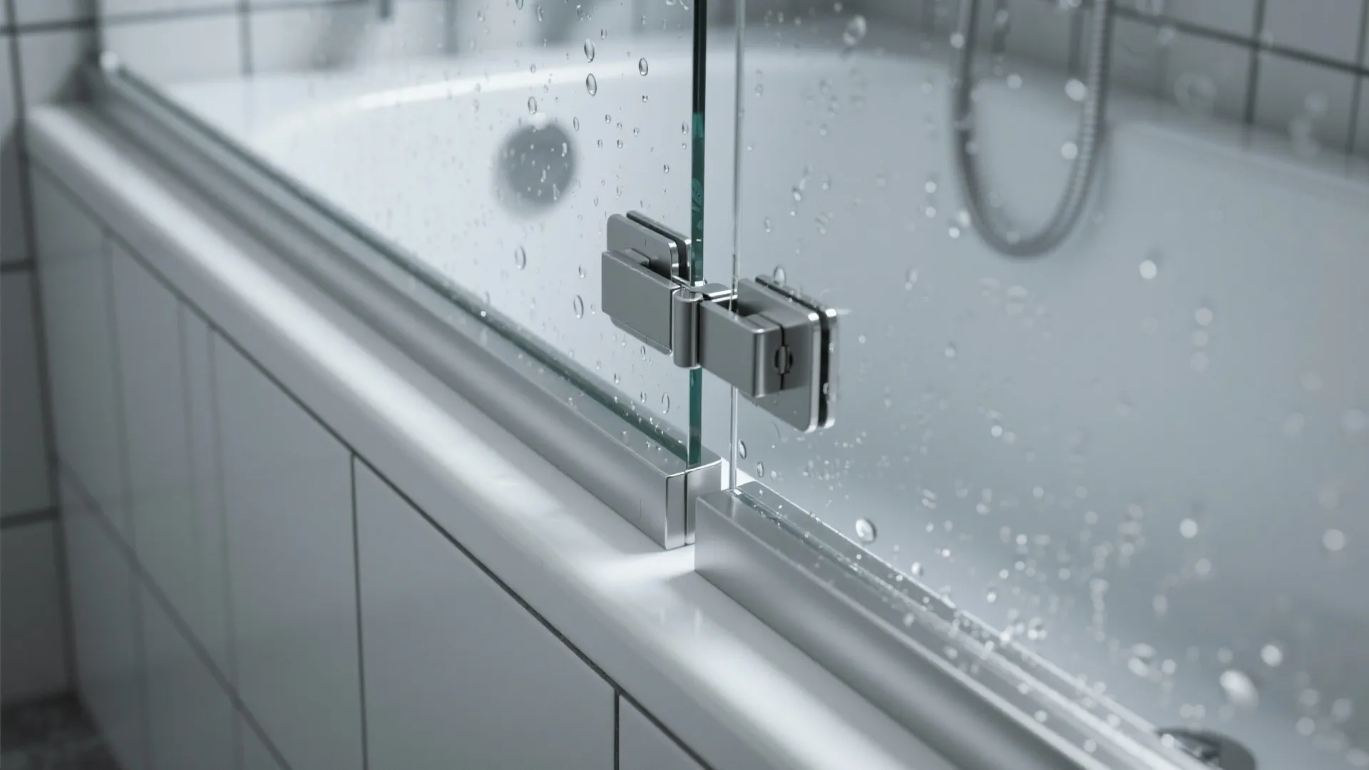 Close up of glass shower door hinge with water drops on a white bathtub background
