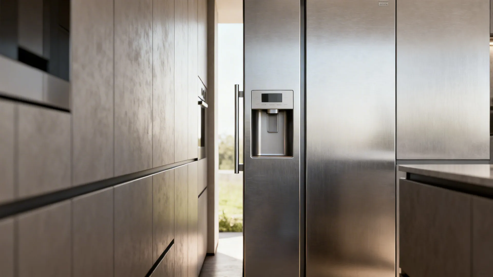 Slim column fridge integrated into narrow kitchen cabinetry