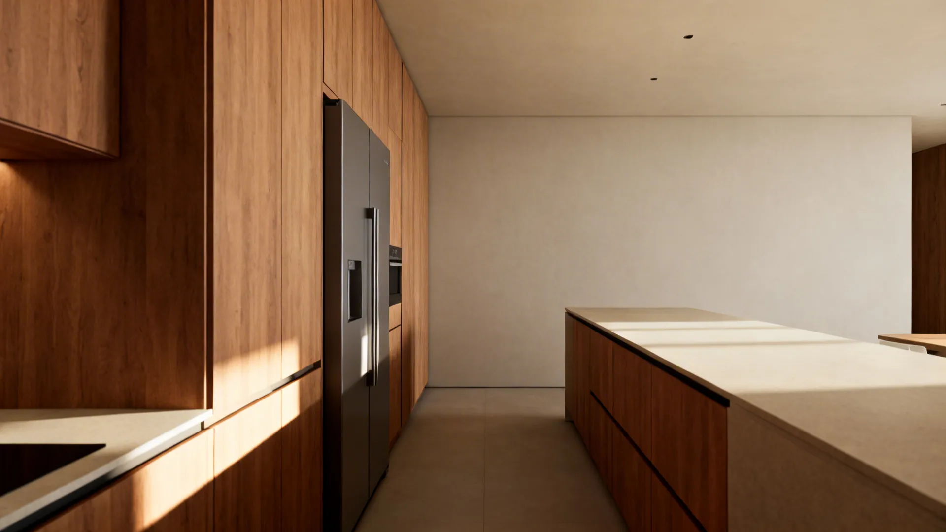 Narrow kitchen with a slimline integrated refrigerator and extended countertop for clear traffic flow.
