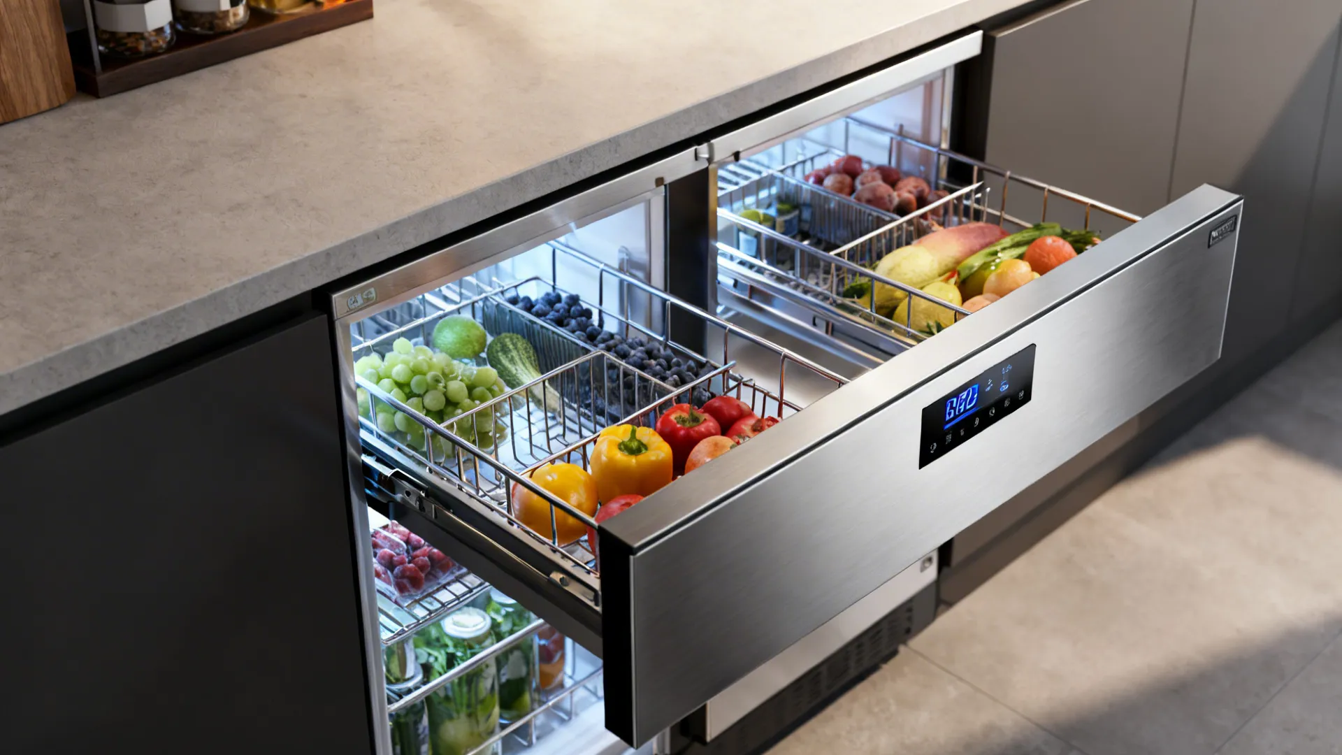 Slimline undercounter refrigeration drawers installed beneath a prep counter in a small kitchen.