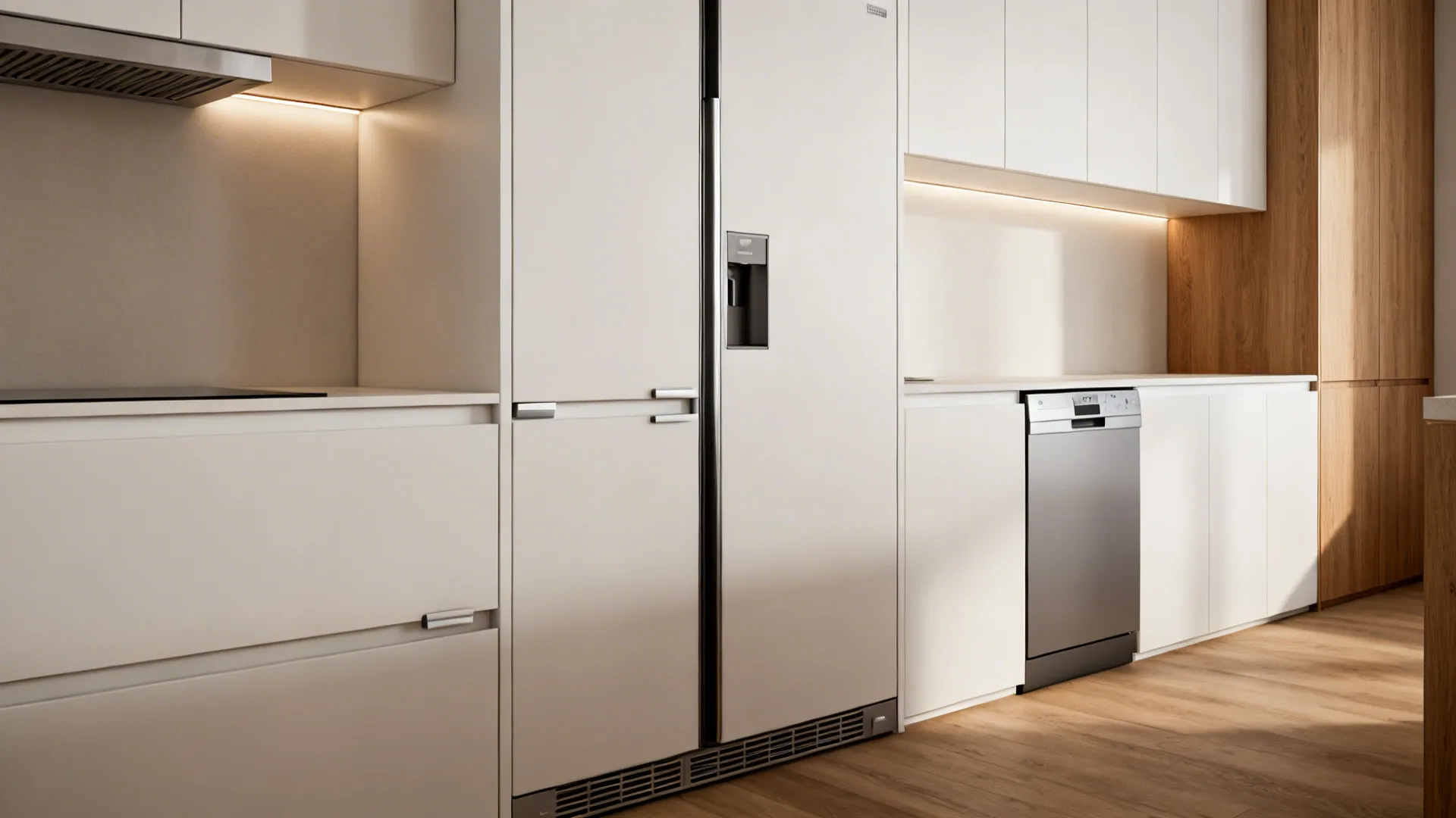 Kitchen run with integrated appliances and a slimline fridge for a continuous, sleek look.