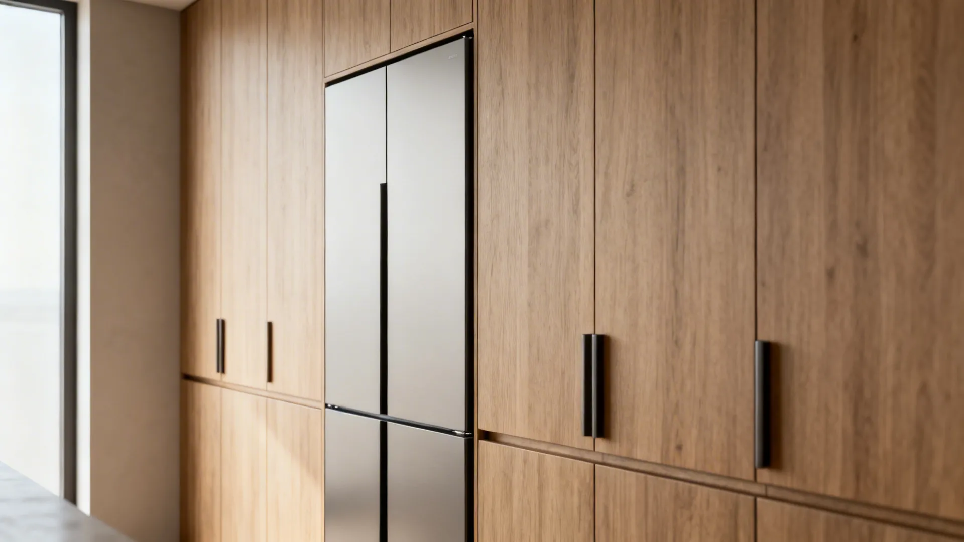 Integrated slimline fridge panel matching surrounding cabinetry in a small kitchen