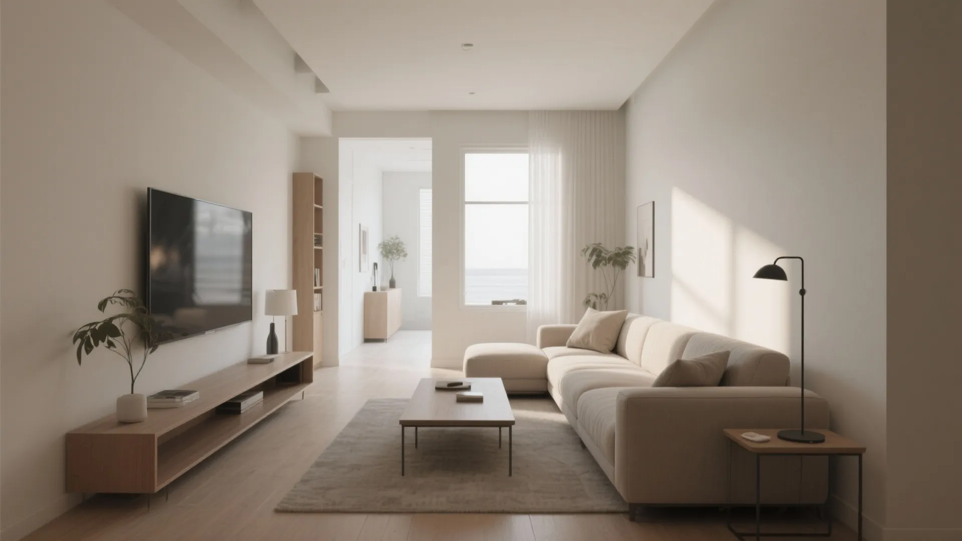 Minimalist living room with beige sofa wooden coffee table television cabinet floor lamp and natural light