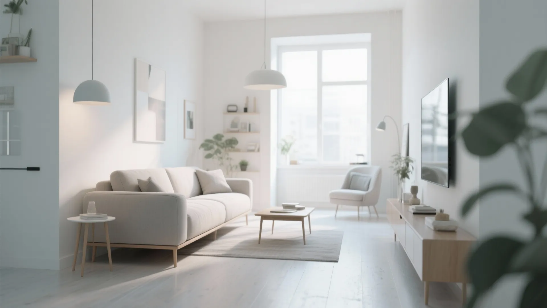 Bright minimalist living room featuring a white sofa wood coffee table and sleek ceiling lights
