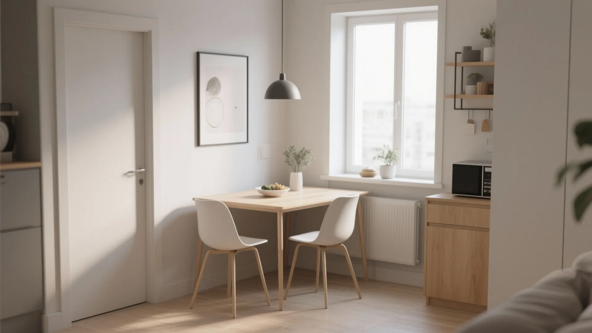 Minimalist dining corner with small wooden table two white chairs black light fixture and window