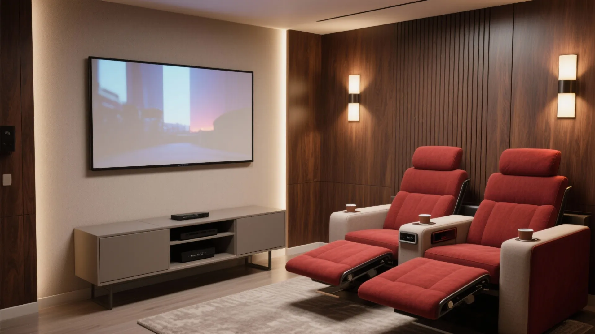 Modern home theater room featuring two red reclining sofa seats with large television and wall lights