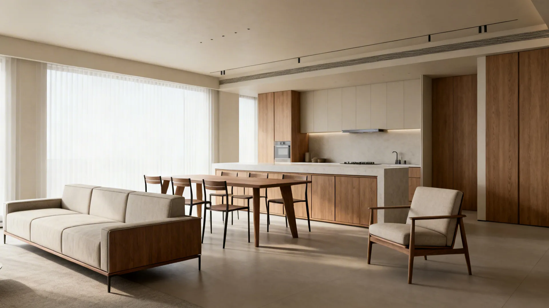 Slimline furniture in a compact open-plan space preserving sightlines and openness.