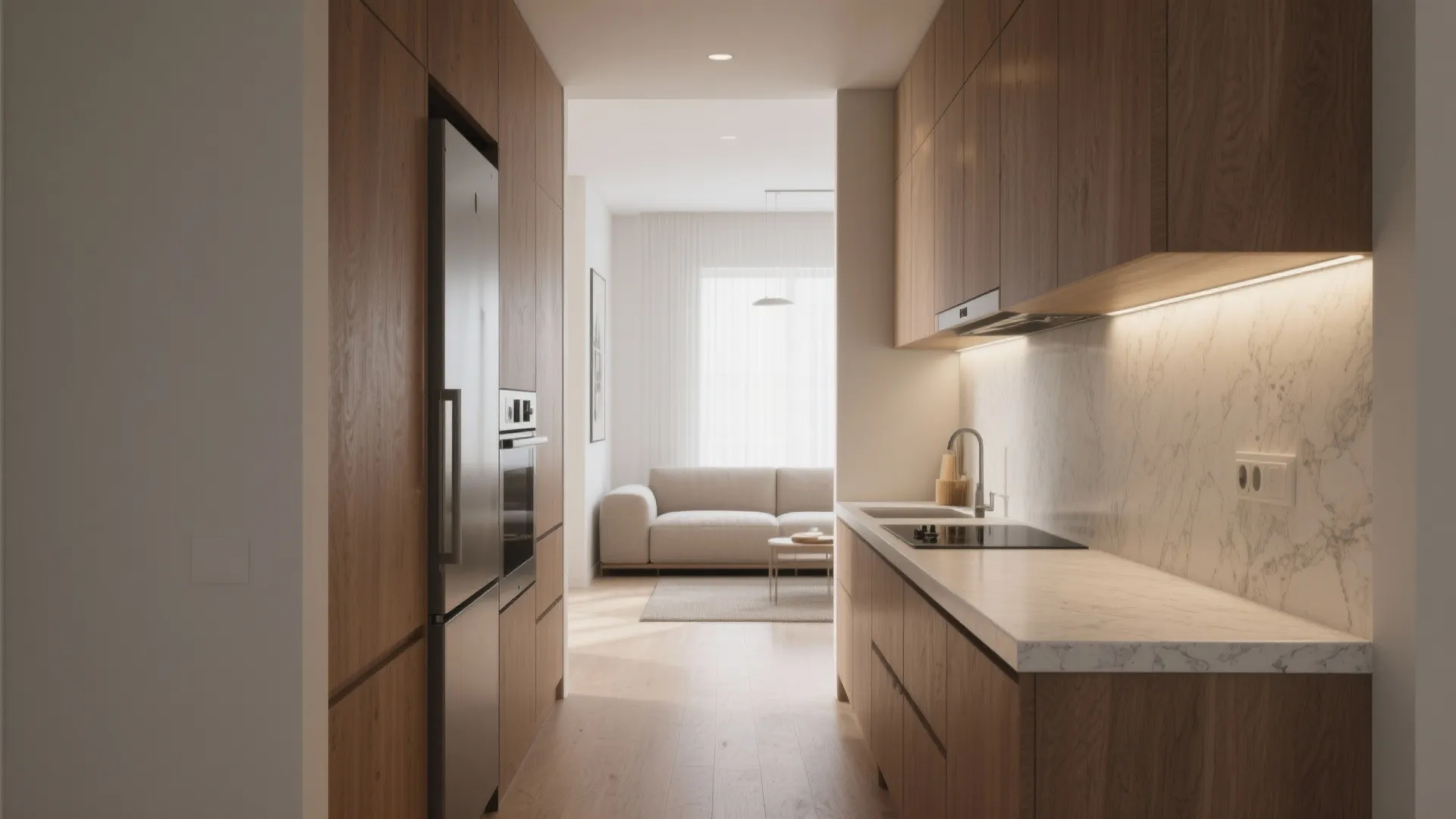 Modern narrow kitchen with wooden cabinets and white marble backsplash leading into a bright living room