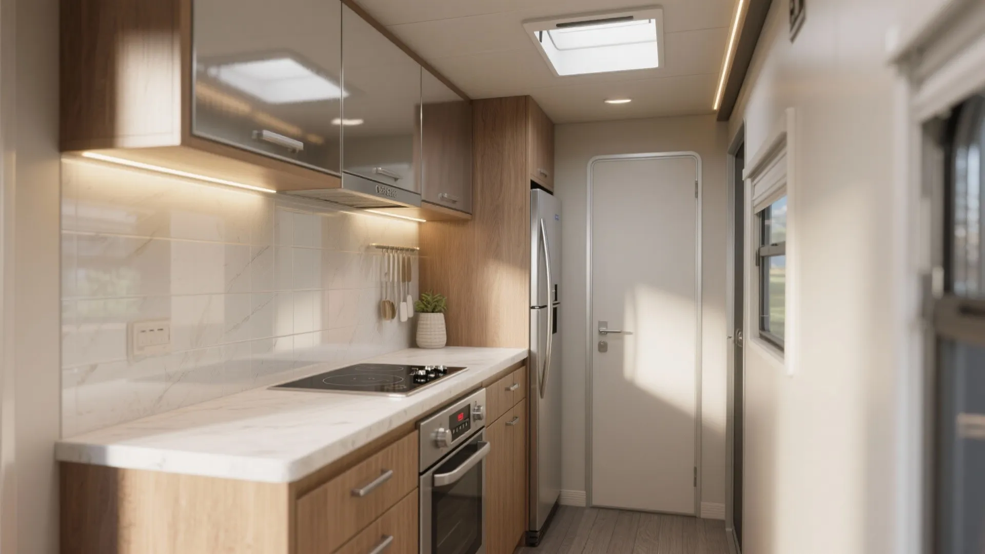 Slimline galley mobile home kitchen with continuous counters, under-cabinet lighting, and reflective splashback.