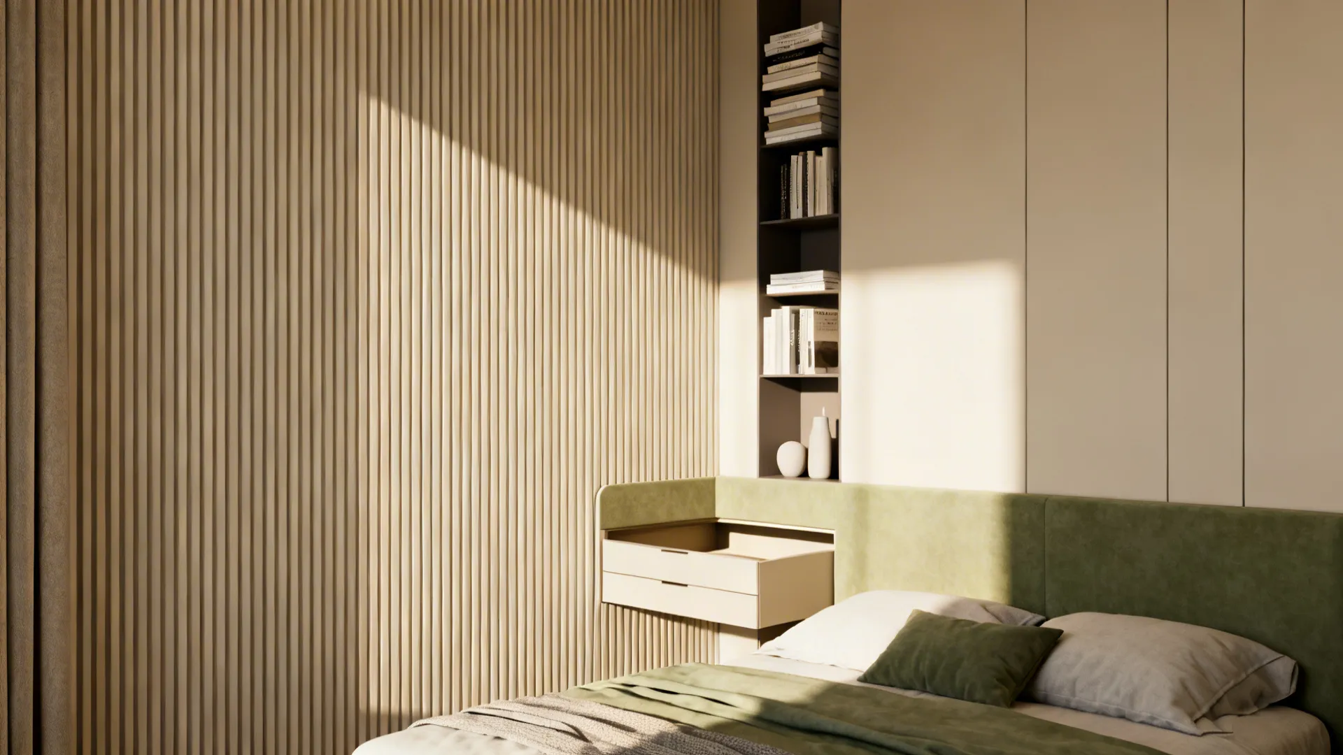 Slim storage headboard with tall vertical shelving and minimal decor in a compact bedroom