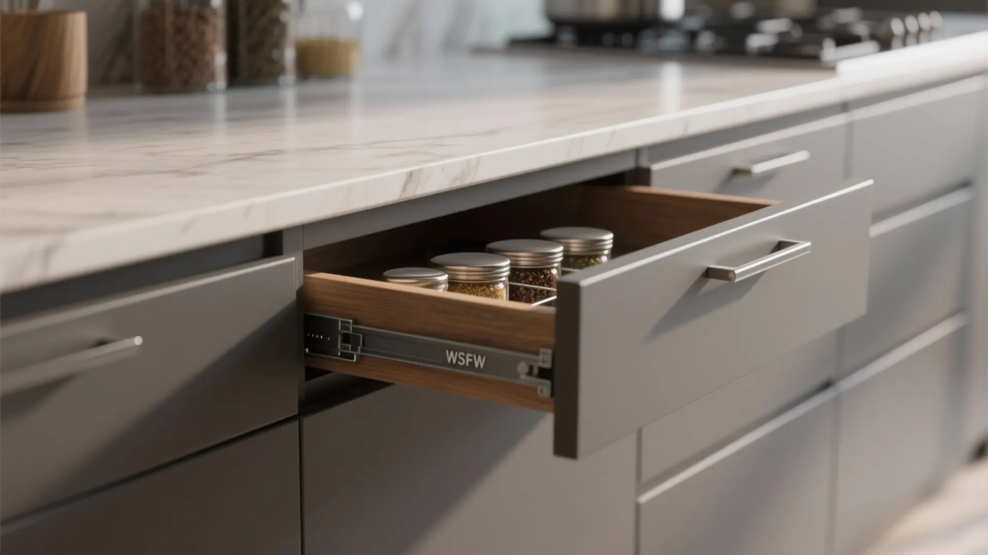 Slimline kitchen island with hidden drawers and spice rack