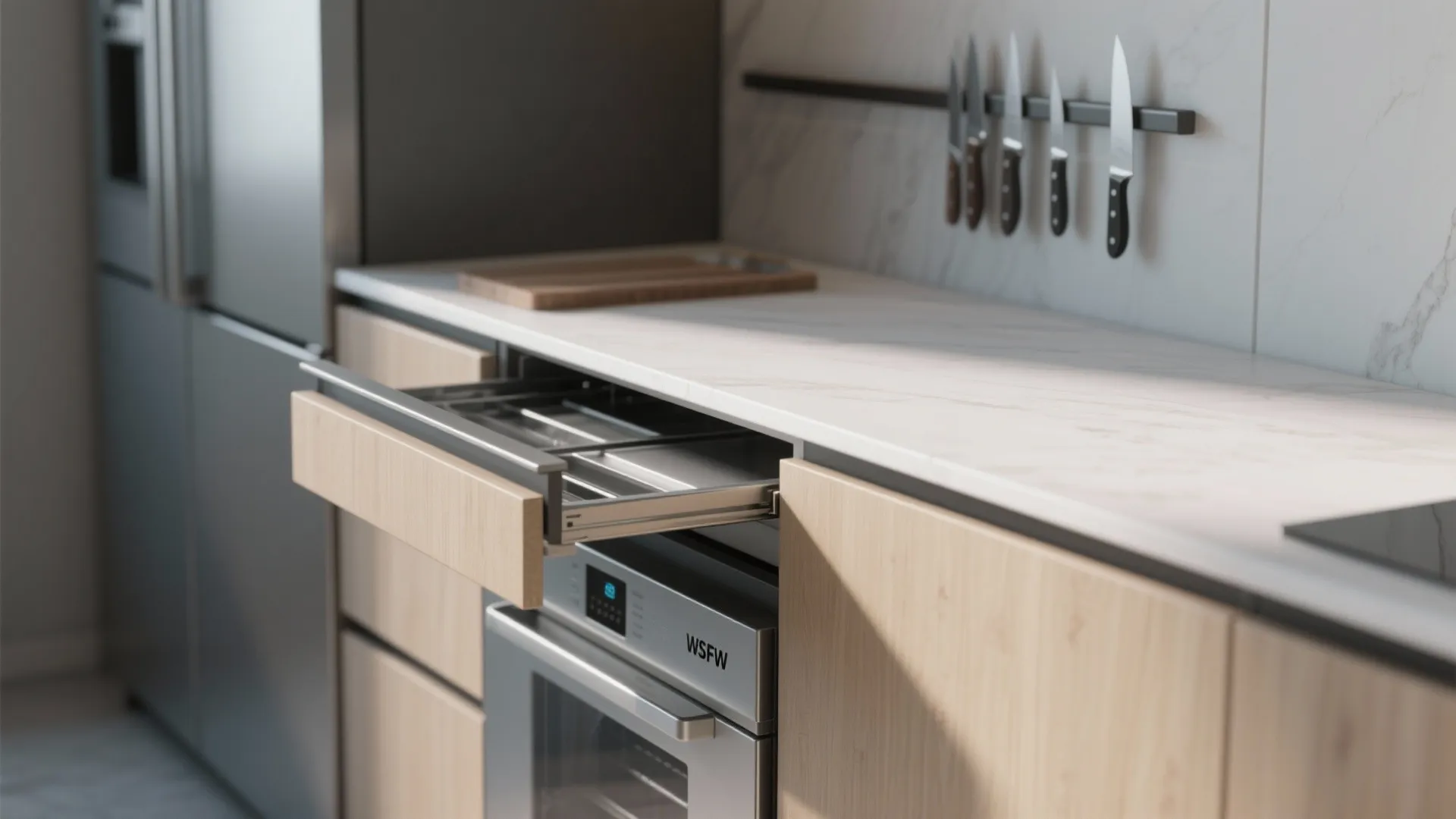 Macro view of slimline counter edge with an integrated under-counter fridge and a folded prep shelf.