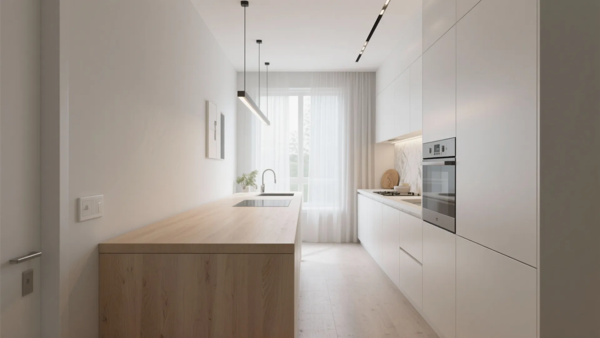 Slimline kitchen island in narrow modern apartment