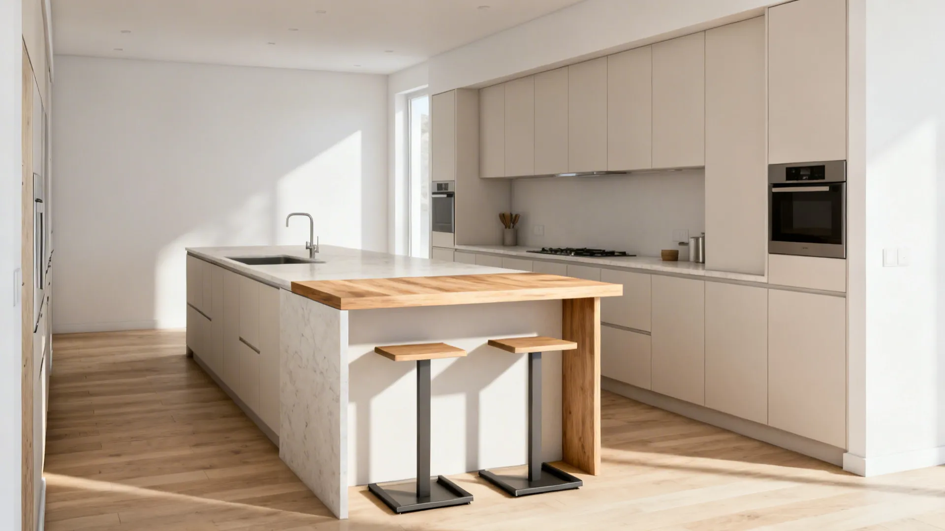 Slim 18-inch-deep kitchen island with a 10-inch overhang and two tucked stools in a narrow galley.