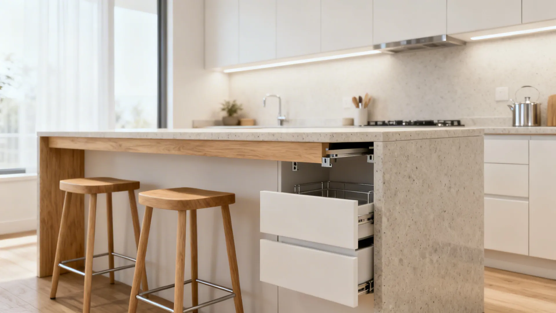 Slim island with quartz overhang and two stools in a narrow galley kitchen with clear aisles.