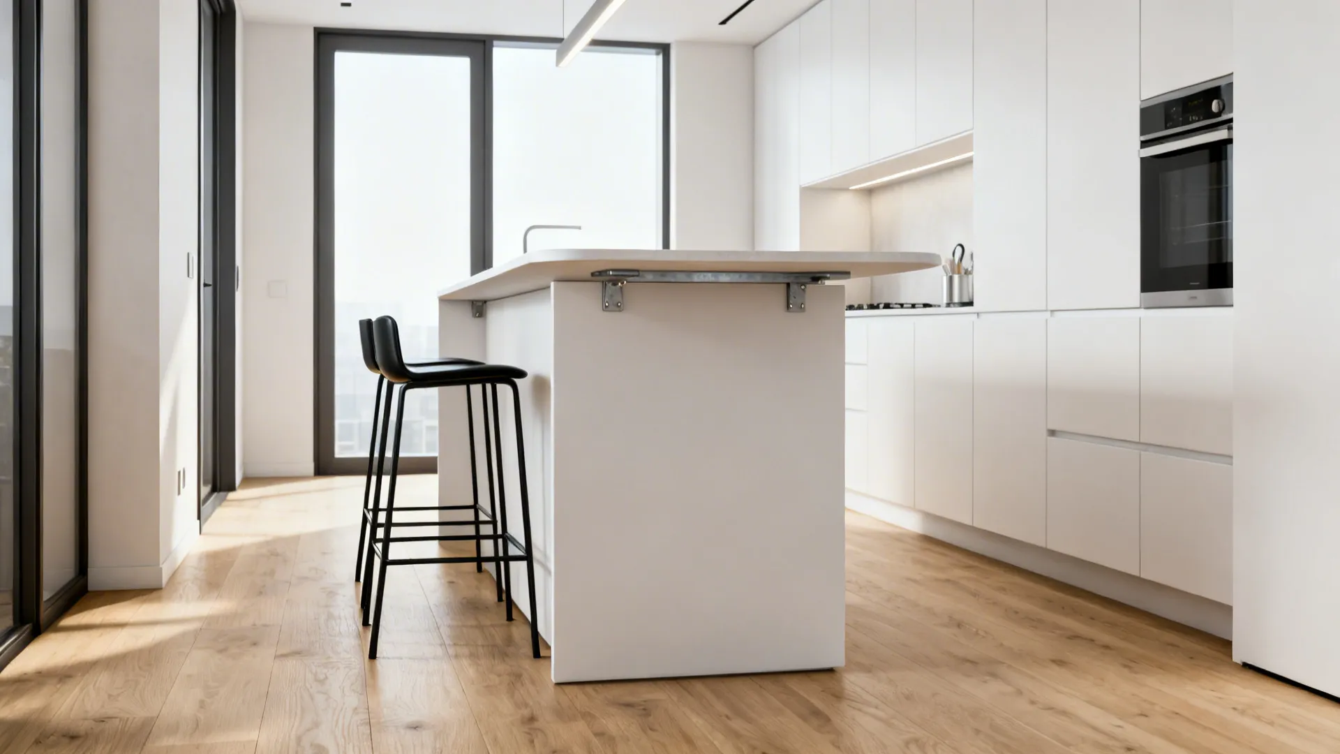 Slim 20–24 inch deep island with integrated seating for two in a narrow modern kitchen.