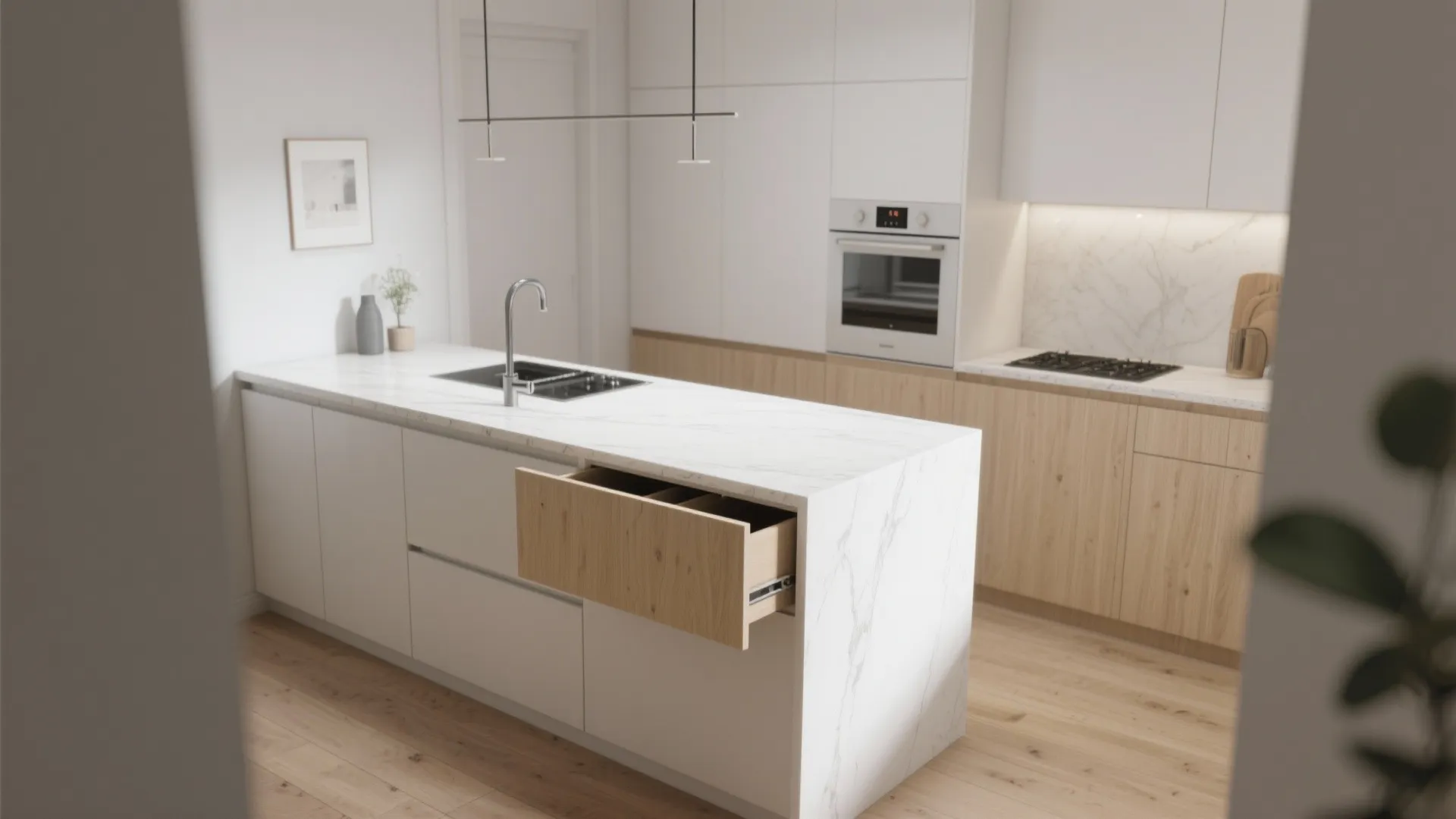 Minimalist white marble kitchen island with an open wood drawer showing organized storage space inside unit