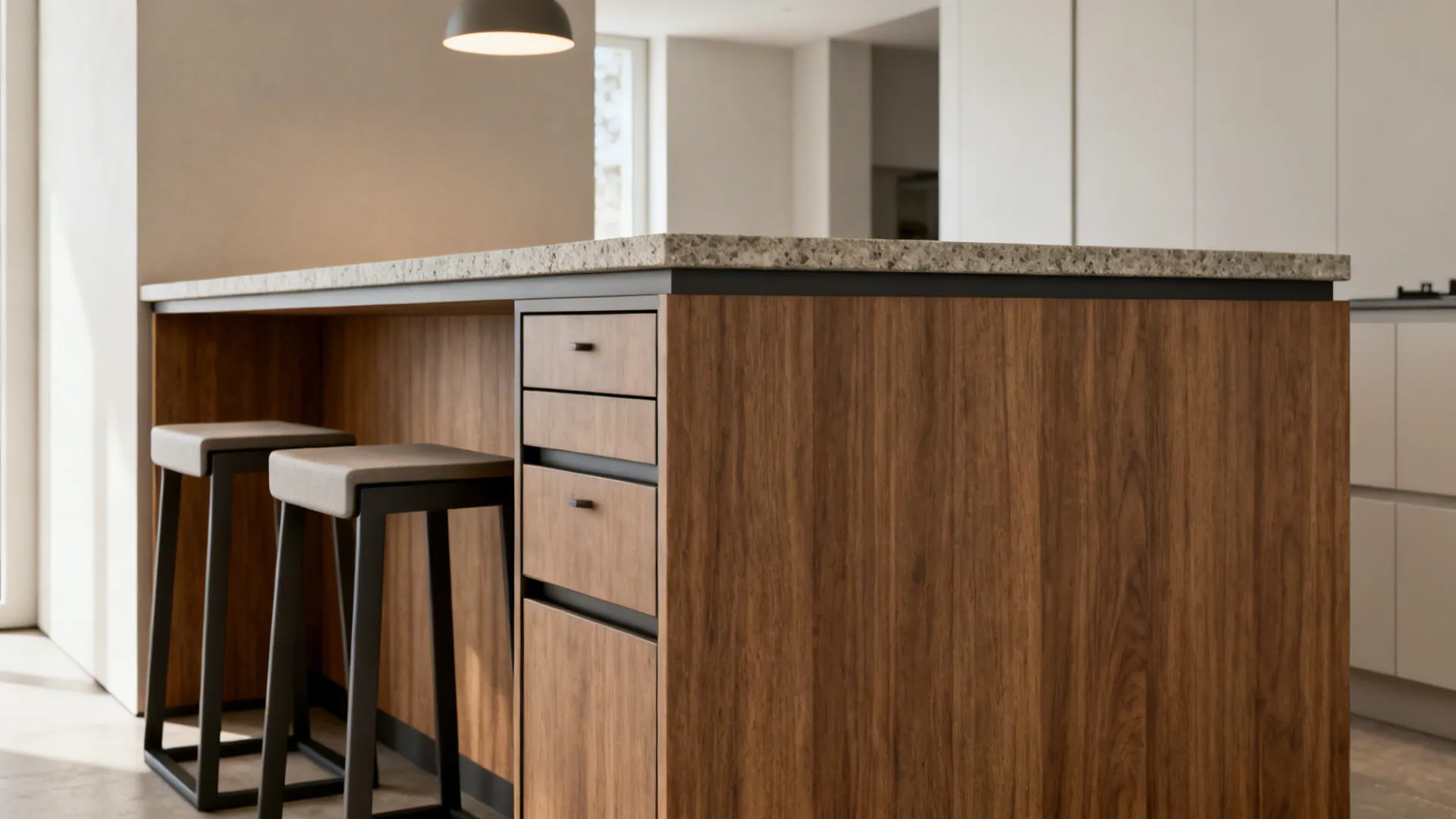 Modern wooden kitchen island with stone countertop featuring side drawers and two grey tall stools