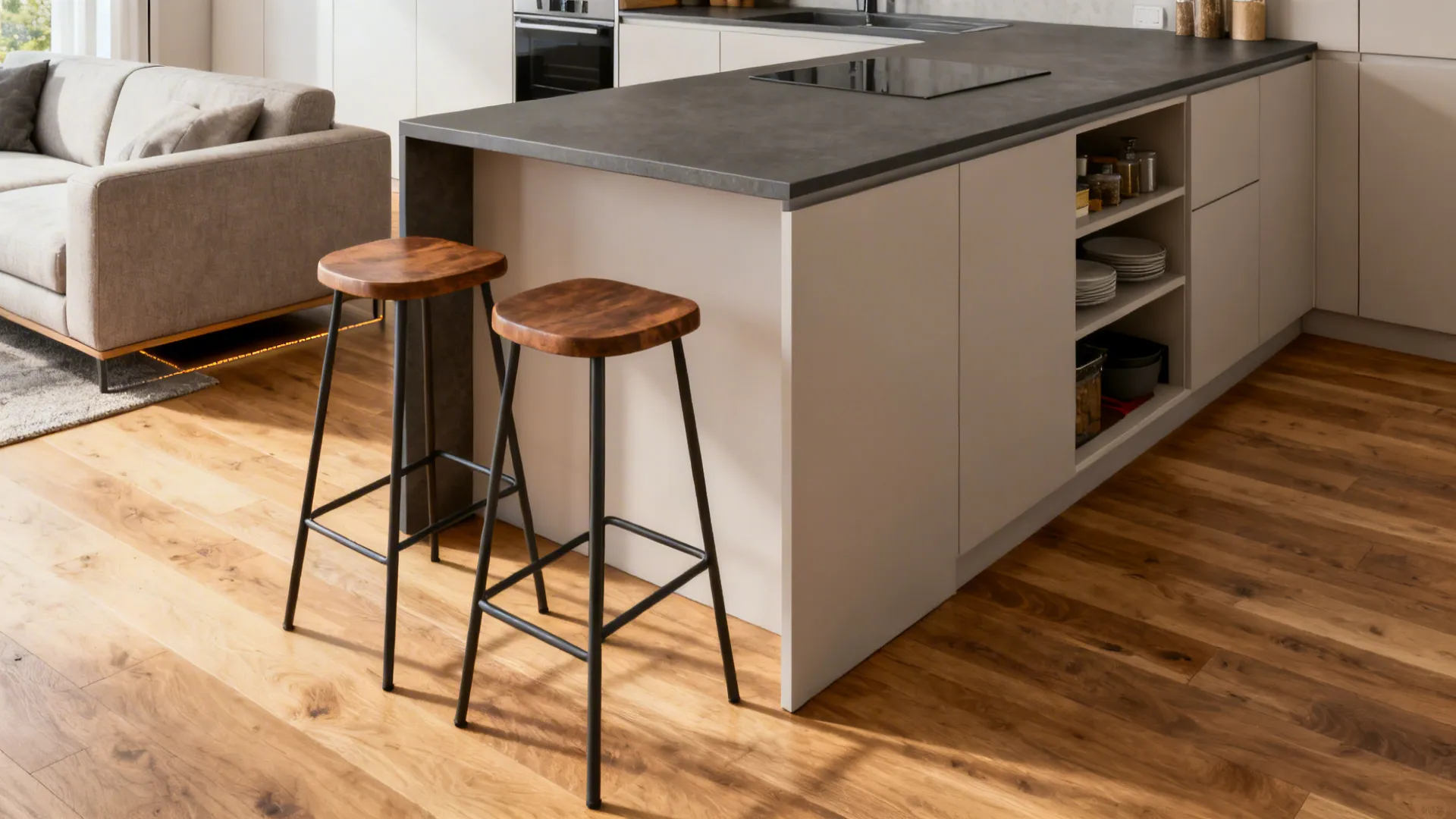 Narrow kitchen island with stool overhang and built-in storage next to sofa clearance