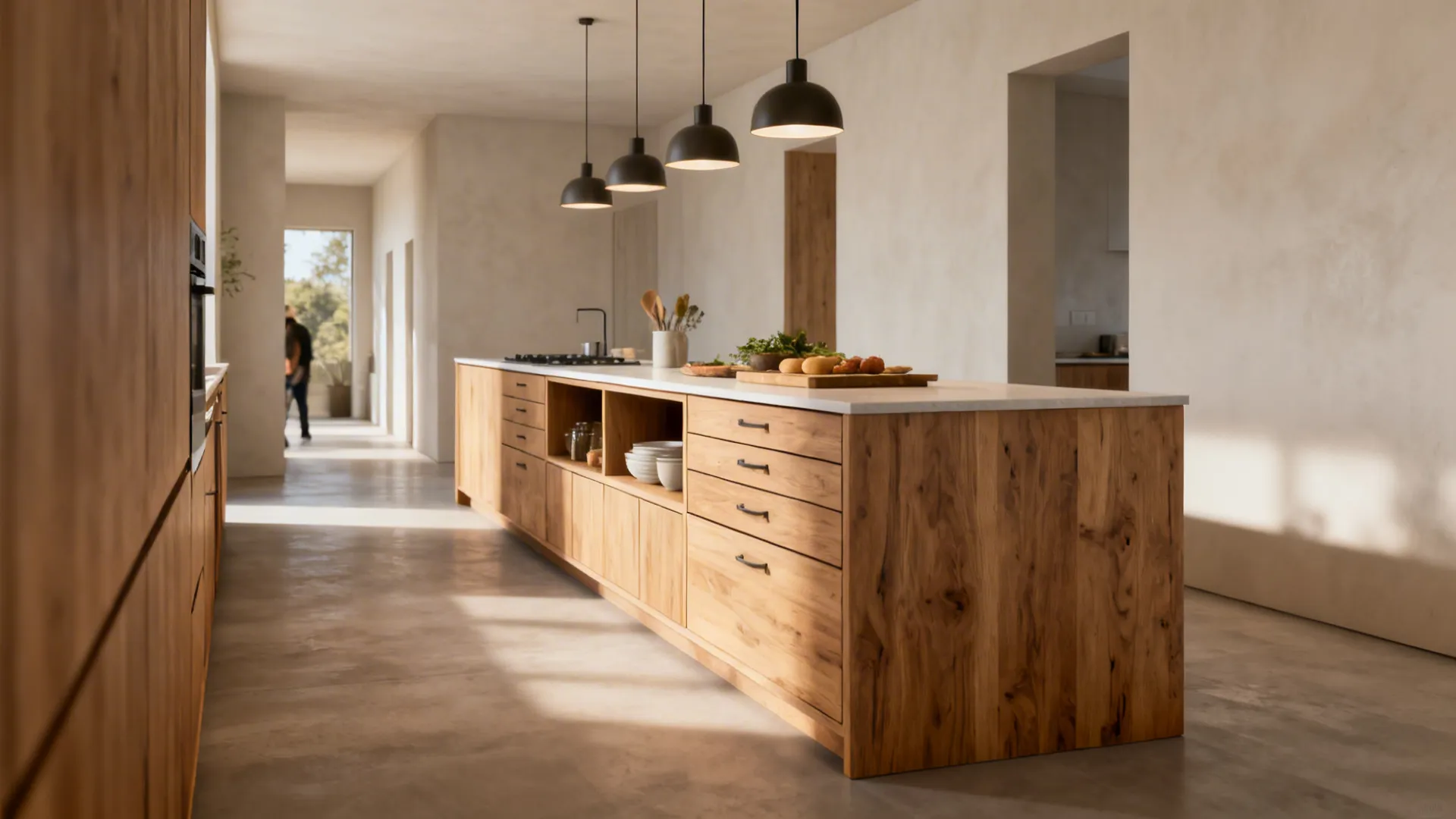 Slimline island with drawers providing prep surface and storage while keeping clearances.