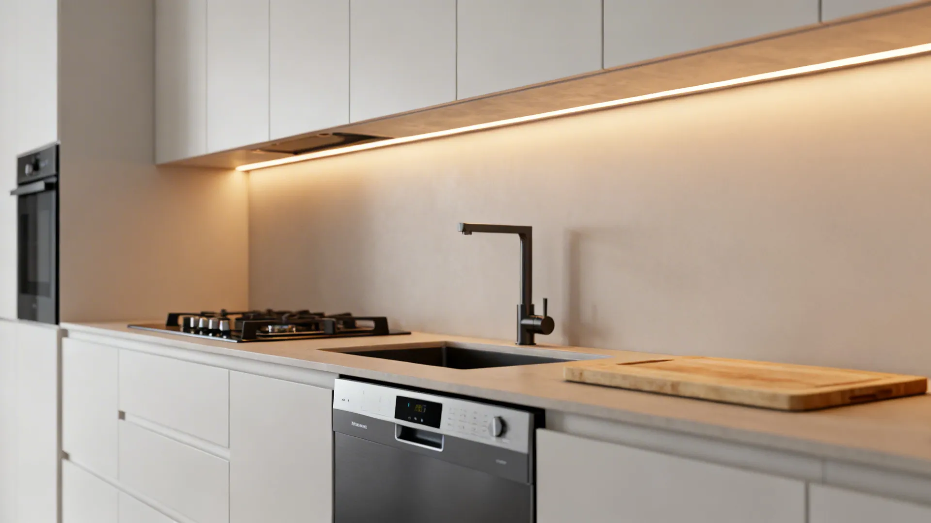 Slimline kitchen with compact hob, narrow sink, and integrated slim dishwasher in a small apartment