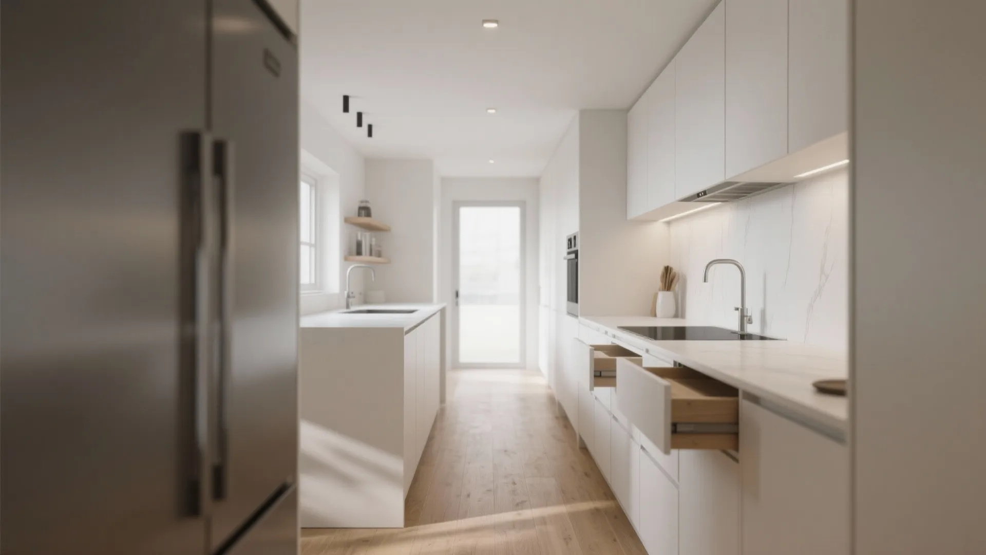 Minimalist white galley kitchen featuring wooden floorboards and open cabinet drawers in a bright room