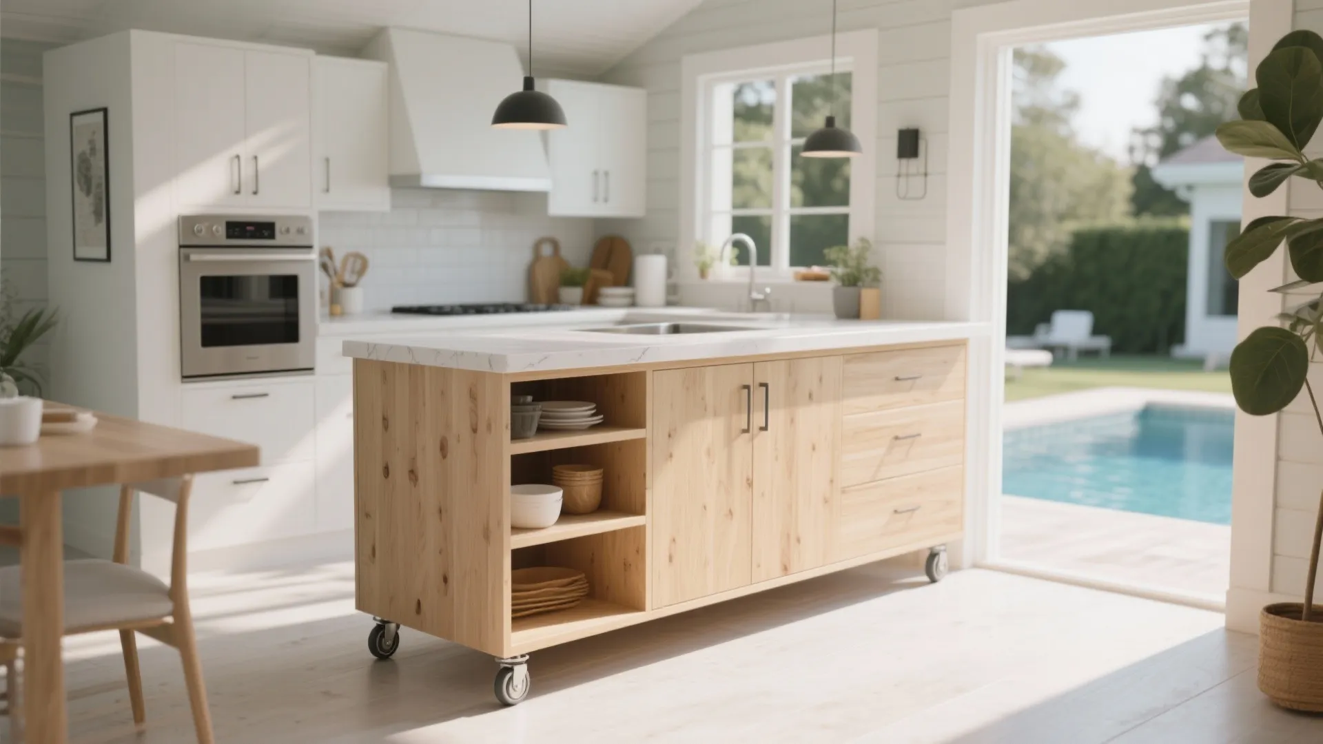 Wooden kitchen island with wheels in bright white kitchen opening to backyard and swimming pool