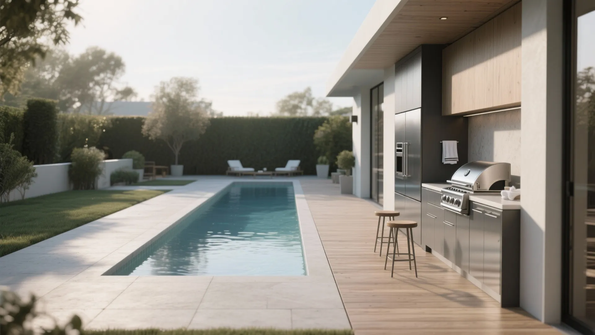 1. Linear plunge pool with integrated BBQ counter