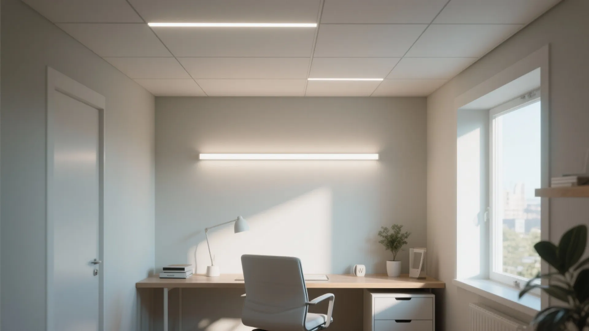 Compact home office with slimline LED panel ceiling lights